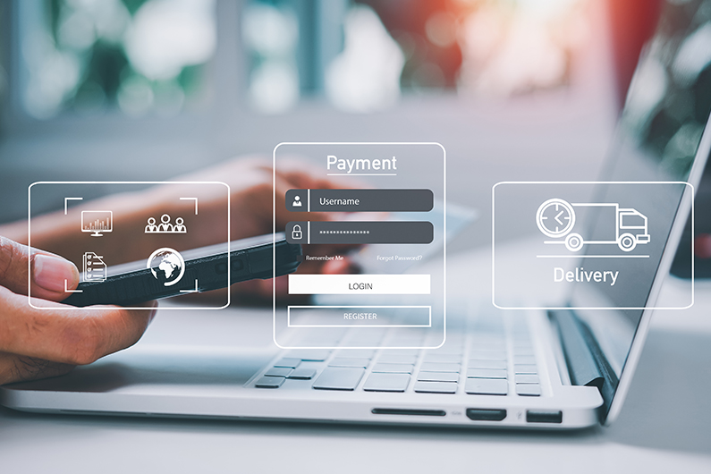 Hands using phone and laptop with a transparent overlay showing online payment transaction.